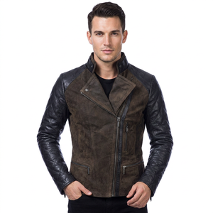 Chaqueta de Motociclista de Cuero Genuino para Hombre, Cuello Camisero, Cierre de Cremallera, Corte Ajustado, Estilo Casual Otoñal, Color Marrón - Product Image 1