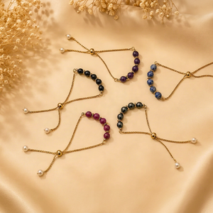 Carved Crystal Beads Gemstone Beaded <b>Bracelet</b> with Golden Chain and Pearl Accents for Earth Day Elegant Wear - Product Image 1