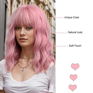 BERON Peluca Rosa Impermeable de 14 Pulgadas para Mujeres y Niñas, Corta y Rizada, Sintética, con Ondas al Agua y Flequillo de Encaje Transparente, Gorro Pequeño - Product Image 3