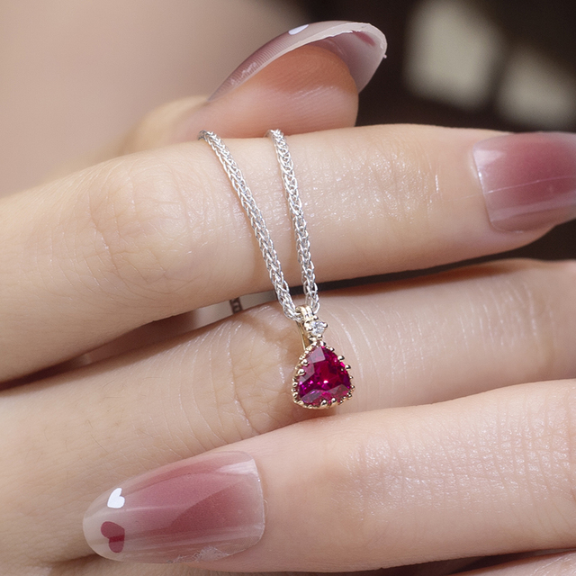 Messi Gems Trillion Red Lab Grown Ruby Women Fashion 14K Yellow Gold Necklace