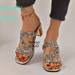 2025 été femmes haute paillettes pantoufles PVC Sexy talon épais strass dames grande taille - Product Image 2
