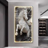 Cuadro de Porcelana con Cristales y Caballos, Estilo Moderno y Lujoso, para Sala de Estar o Porche, con Luz LED de Control Remoto, Decoración de Pared