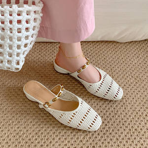 Zapatos retro con hebilla metálica y lazo, suela gruesa, estilo tejido, punta abierta, talón bajo para mujer - Product Image 3