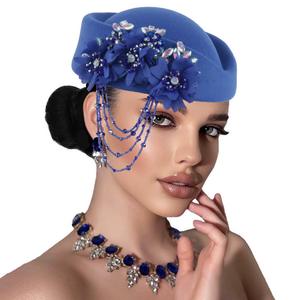 Chapeau en feutre rétro pour <span class=keywords><strong>femme</strong></span>, style hôtesse de l'air, béret britannique, décor fleur en strass, chapeau de cérémonie pour <span class=keywords><strong>femme</strong></span> - Product Image 2