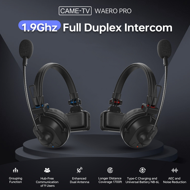CAME-TV WAERO Pro Full Duplex Dual Antenna 1.9G Lightweight Wireless Intercom Headset Referee Intercom - 9 Pack