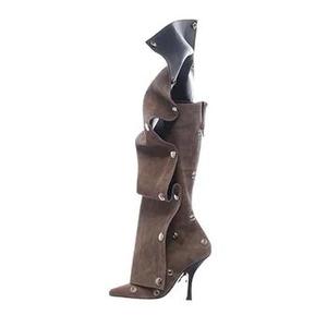 Remaches de metal, zapatos superiores plisados sueltos, tacones altos finos, punta estrecha, botas largas de mezclilla, <span class=keywords><strong>botines</strong></span> hasta la rodilla de ajuste ancho para <span class=keywords><strong>mujer</strong></span> - Product Image 1