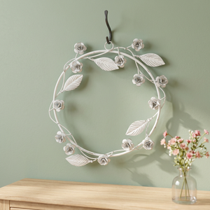 White Metal Floral Wreath Round Handmade Decorative Farmhouse Style Unlit <b>Single</b> Piece - Product Image 3