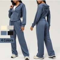 Vêtements pour dames Pantalon à jambes larges Couleur unie Logo personnalisé Pantalon de survêtement d'entraînement à cordon Ensemble veste pour femmes
