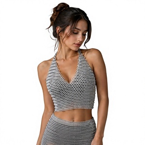 Conjunto de Top Corto y Minifalda de Malla Metálica Plateada de Acero Inoxidable, Ropa de Moda con Diseño de Armadura Metálica - Product Image 1