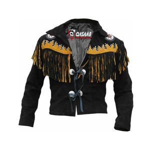 Veste en cuir de cow-boy occidental à col rabattu pour homme avec perles à franges - Product Image 3