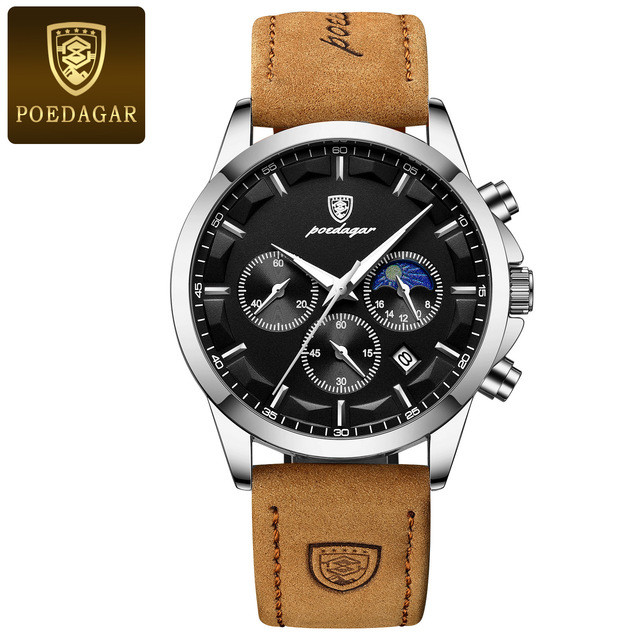 POEDAGAR 928 Latest Brand New Luxury Newest Cheap Low Price Multi-Color Multifunction Men Quartz Watch with Genuine Leather Band