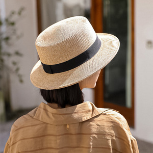 Retro French Straw Hat For Women Summer Flat Top Hat Black Coffee Color Toquilla Material Sun Protection Beach Outing Use - Product Image 3