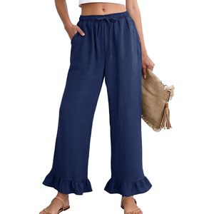 Pantalones Palazzo de Pierna Ancha para Mujer FOXA, de Lino y Algodón, con Volantes, Cintura Elástica, Estilo Casual y Holgado, con Bolsillos, para la Playa - Product Image 1