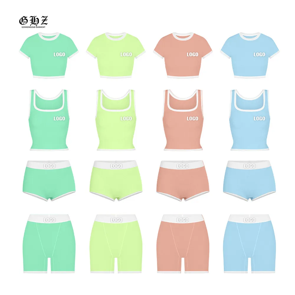 Z2024 Damen individuelles Logo Freizeitkleidung Sommer 2-teiliges Set Baumwolle gerippte Shorts und Baby-Tee Tank-Top Damen zwei pro Freizeitkleidung-Set