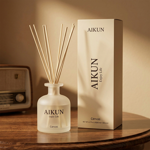 Aikun Canvas 198 Ml Frosted Round Glass Bottle <b>Reed</b> <b>Diffuser</b> Set With Beige Gift Box Natural <b>Reed</b> <b>For</b> Bedroom Hotel Aroma Supply - Product Image 1