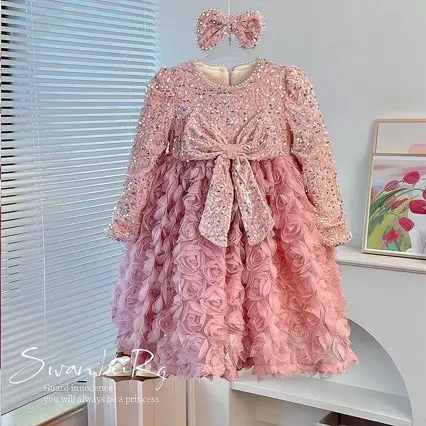 Vestido elegante de princesa infantil com lantejoulas, vestido de aniversário de menina com flores rosas 3D, ideal para festas de bebês de 2 a 14 anos