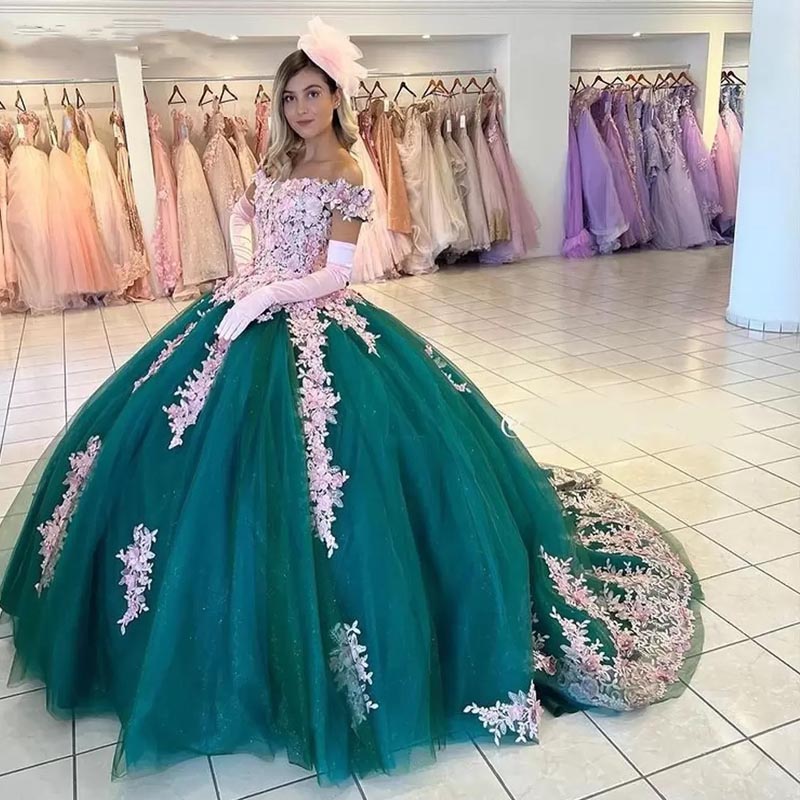 Green Quinceanera Dresses with Handmade Flowers & Sleeves Green Quinceanera Dresses with Handmade Flowers & Sleeves