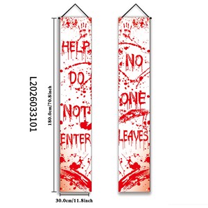 Bannière de décoration d'Halloween pour couple sanglant, 1 paire, en polyester, pour intérieur/extérieur, avec message 'No One Leaves', pour mur de porche d'horreur - Product Image 2