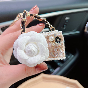 TG-2675 Mini Bag <b>Keyring</b> Coin Purse Bling Crystal Rhinestone Keychain Pendant Bag Shape Key Chain Camellia Flower Keychain - Product Image 3