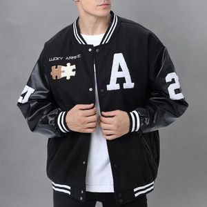 Veste universitaire pour homme, manches en cuir noir, broderie lettre A, unisexe, streetwear, manteau d'automne - Product Image 6