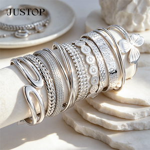 JUSTOP stainless steel Alloy Cuff <b>Bracelets</b> Set Flower Pattern Bohemia Style Women's Fashion Bangles - Product Image 4