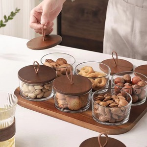 Japanese Style Multi Compartment Glass Dish With Lid Wooden Pattern Serving <b>Tray</b> For Dried Fruit Snack <b>Storage</b> Home Use - Product Image 4