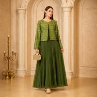 Ensemble deux pièces élégant brodé pour femme, caftan marocain à sequins, jupe longue plissée, pour l'automne, style arabe, Dubaï, Aïd, Ramadan, soirée