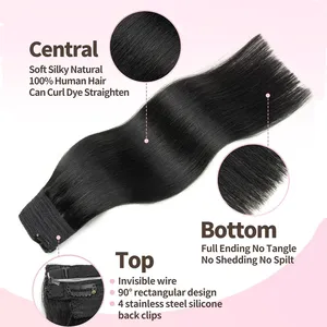 Extensions de cheveux naturels blonds Remy lisses avec fil de pêche et 3 clips – Extension de cheveux à fil invisible - Product Image 2