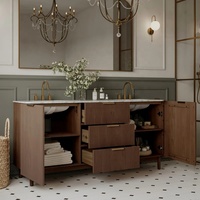 Meja Rias Kamar Mandi Kayu Solid Custom dengan Dua Wastafel, Pintu Beralur, Veneer Walnut, Furnitur Kamar Mandi dengan Top Marmer untuk Renovasi Rumah