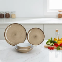 Service de table de luxe 4 pièces en grès céramique gris à glaçure réactive, compatible four, micro-ondes et lave-vaisselle, assiettes et bols