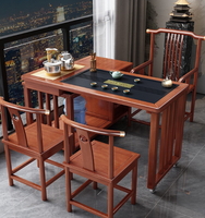 Table à thé en bois massif de style chinois : Ensemble de thé compact et portable pour balcon avec bouilloire intégrée, table et chaises en bois d'hévéa