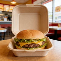 Boîte d'emballage en pulpe de canne à sucre jetable en gros, boîte à verrouillage pour plats à emporter, boîte à hamburger, boîte dégradable de 6 pouces