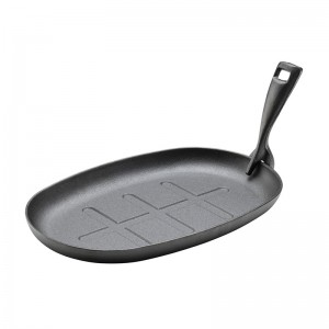 <span class=keywords><strong>Plat</strong></span> <span class=keywords><strong>de</strong></span> service en fonte pré-assaisonné <span class=keywords><strong>de</strong></span> qualité alimentaire avec support en bois, idéal pour les plats chauds et les repas brûlants - Product Image 4