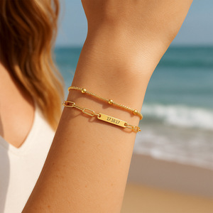 Custom Engraved Link Chain New Arrivals Double Layer 18k <b>Gold</b> Plated Chain <b>Beaded</b> Stainless Steel <b>Bracelets</b> Wholesale for Woman - Product Image 3