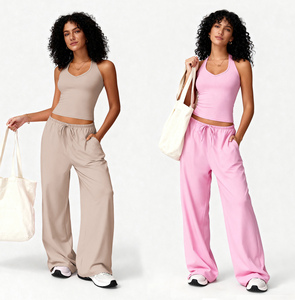 Ensemble de yoga doux et moelleux pour <span class=keywords><strong>femme</strong></span>, soutien-gorge de <span class=keywords><strong>sport</strong></span> dos nu à col halter et pantalon large, tenue athleisure 2 pièces à séchage rapide - Product Image 1