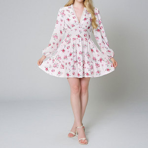 Mini robe à imprimé floral pour femmes Taille haute A-Line Summer Autumn Long Sleeve V Neck Dresses Vintage Beach Vacation Casual Vestidos - Product Image 5
