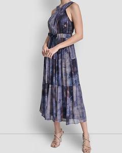 เดรสชีฟองพลีทผูกเอว ทรงเมกะฟิต เอวยางยืด  งานฝีมือ  ผ้าโปร่ง  ลายพิมพ์ฤดูร้อน  ระบายอากาศได้ดี  ซักได้  ความยาวปานกลาง - Product Image 4