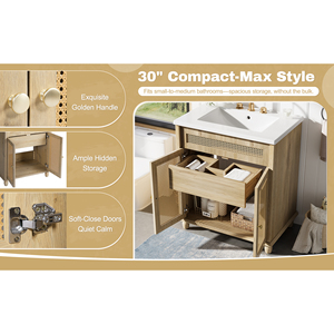 Mobile da Bagno da 30 Pollici con Ante in Rattan Intrecciato a Mano, Gambe in Legno Massello e Lavabo in Resina - Product Image 4