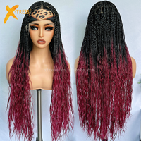 Perruques Tressées Pleine Dentelle Bohème 32 Pouces Ombre Bordeaux, Tresses Carrées Faites à la Main avec Boucles Boho