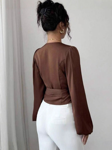 Women's Polyester Satin Wrap Blouse Plain Dyed Solid Spring Simple <strong>Long</strong> Puff <strong>Sleeve</strong> Belt Tie Waist <strong>V</strong> <strong>Neck</strong> Elegant <strong>Top</strong> - Product Image 3