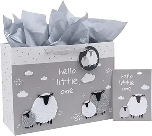 Bolsas de regalo extragrandes para Baby Shower, diseño gris de oveja, con tarjeta y pañuelo
