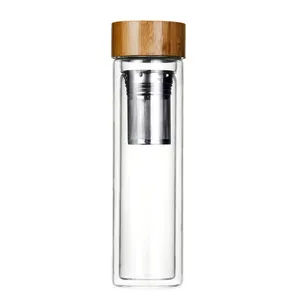 Botol Kaca Air Buah Borosilikat, Minuman Berinsulasi Bebas BPA 450 Ml Dinding Ganda dengan Tutup Bambu Infuser