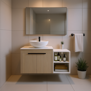 Meuble-lavabo moderne de 36 pouces avec vasque en céramique, porte à fermeture douce, étagères murales de rangement, finition bois clair - Product Image 2