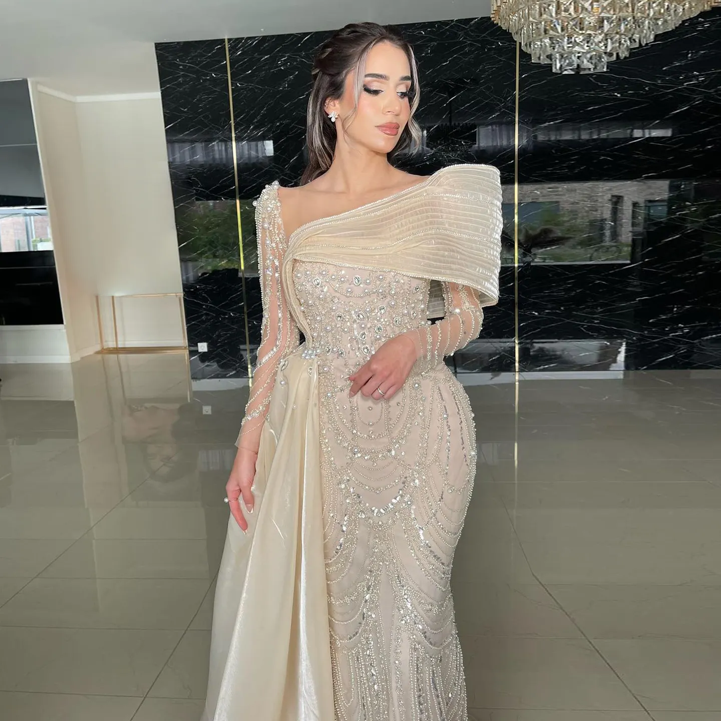 Robe de soirée sirène en cristal nue de luxe avec surjupe manches longues dubaï arabe mariage robes de bal formelles SZ256