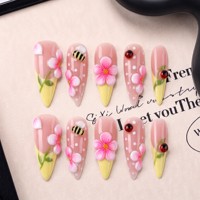 Lot de 10 faux ongles en PMMA faits à la main, courbés 3D, à pointe longue, avec logo personnalisé, couverture complète, marque privée, version française 3.0