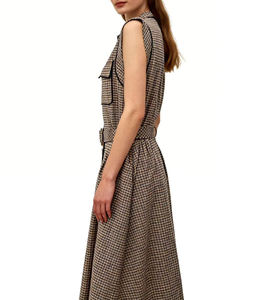 Robe midi rétro à carreaux pour femmes, sans manches, boutonnée, ceinturée, coupe évasée, avec poches, tenue décontractée pour tous les jours - Product Image 2