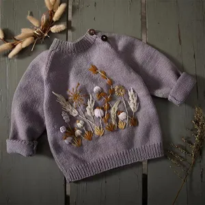 精品高品质手工刺绣复古混纺针织套头衫针尖婴儿针织儿童女童毛衣设计