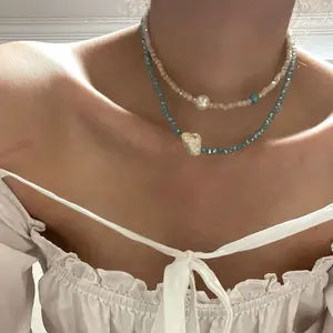 Wholesale Summer Fashion Jewelry Double-layer Crystal Choker Beaded Turquoise Stone Necklace for women