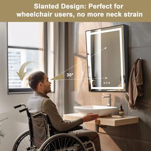 Espejo de tocador montado en la pared con marco de inclinación de <span class=keywords><strong>baño</strong></span> Led regulable de 3 colores, espejo antiniebla con luz frontal <span class=keywords><strong>para</strong></span> silla de ruedas discapacitada - Product Image 5