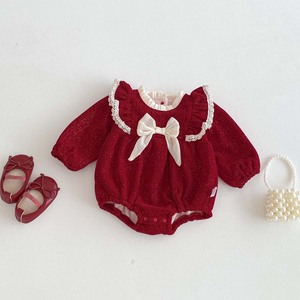 Hiver Nouveau Bébé Fille Casual Festive Red Baby Romper Long-sleeved Fat-wrap Fleece-lined Bow Button Closure New Year's Clothes - Product Image 6